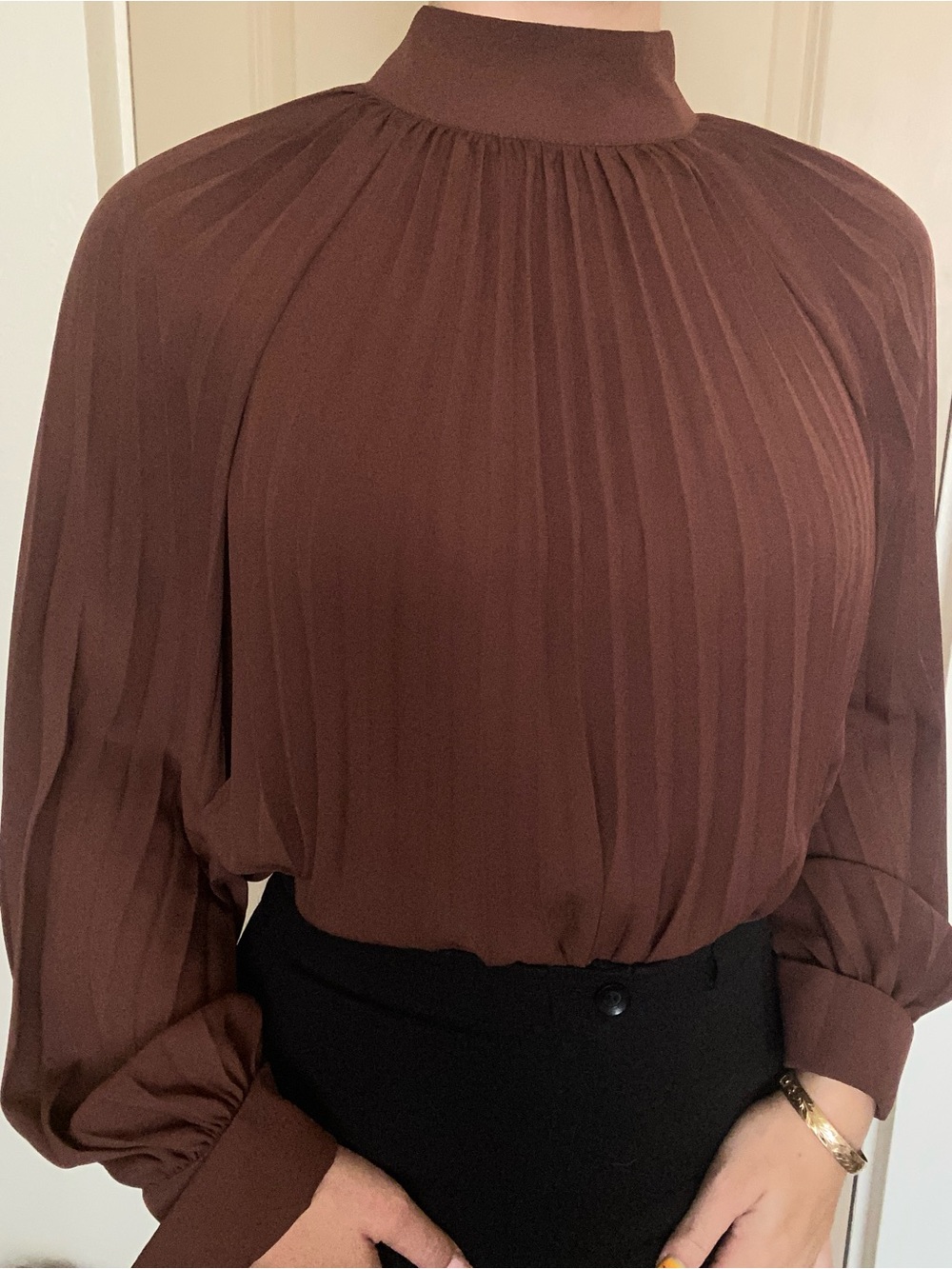 Women's Pleated Mock-Neck Blouse in Rich Brown
